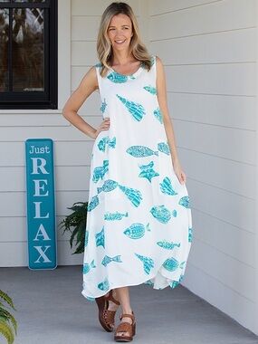 Kaktus Lagenlook Sleeveless Midi Dress Sz L Coastal Boho Beachy Pockets Vacation